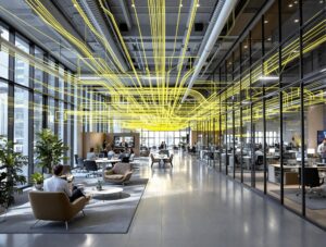 建築物|光纖系統設計 2 a room with people sitting in chairs and yellow lines